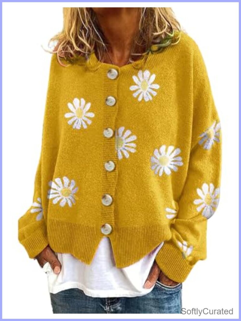 Ribbed Knit Button Down Crop Cardigan Daisy Floral Jacquard Sweater